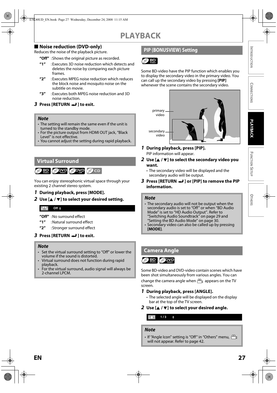 Playback, 27 en, Virtual surround | Pi p (bonusview) setting, Camera angle | FUNAI Blu-ray NB530SLX User Manual | Page 29 / 150