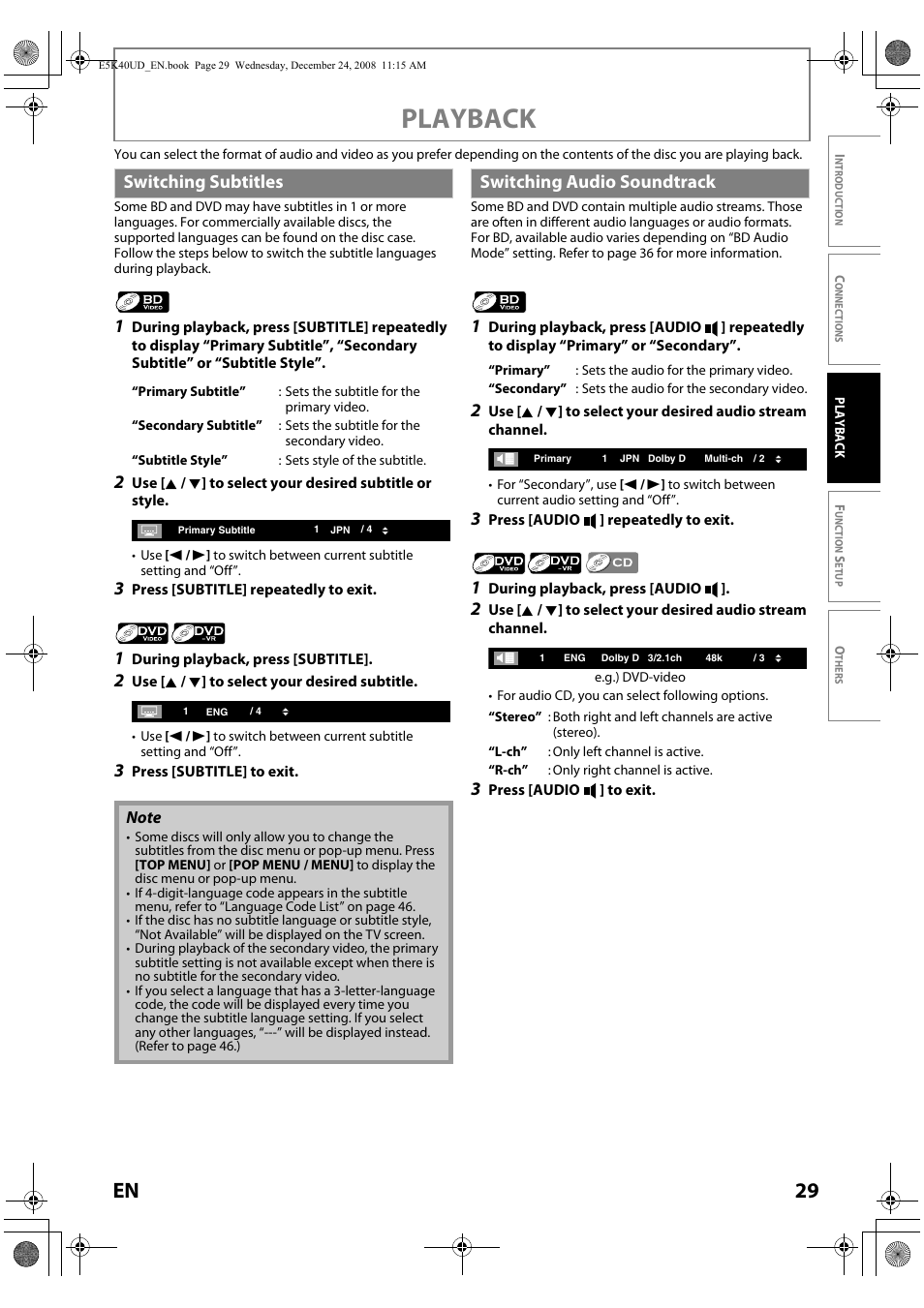 Switching subtitles switching audio soundtrack, Playback, 29 en | Switching subtitles, Switching audio soundtrack | FUNAI Blu-ray NB530SLX User Manual | Page 31 / 150