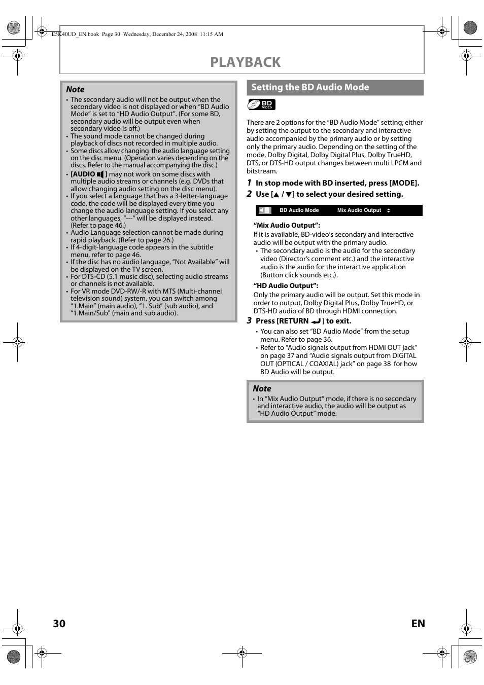 Setting the bd audio mode, Playback, 30 en | FUNAI Blu-ray NB530SLX User Manual | Page 32 / 150