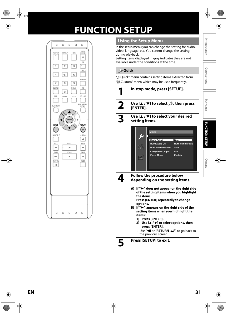Function setup, Using the setup menu, Quick | Ion setup, 31 en | FUNAI Blu-ray NB530SLX User Manual | Page 33 / 150