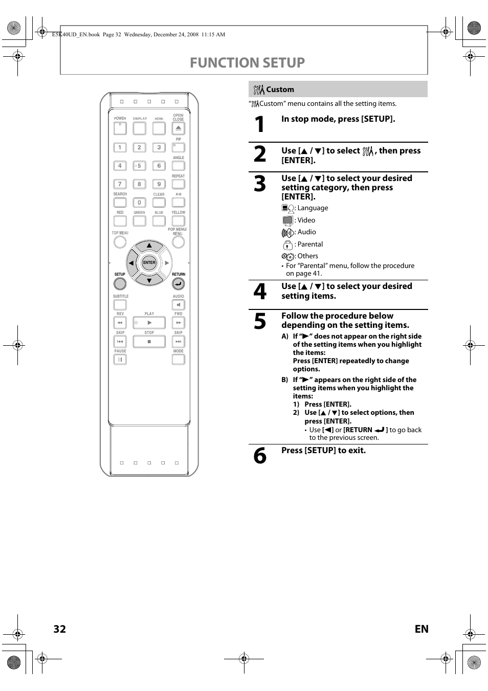 Custom, Function setup, 32 en | FUNAI Blu-ray NB530SLX User Manual | Page 34 / 150