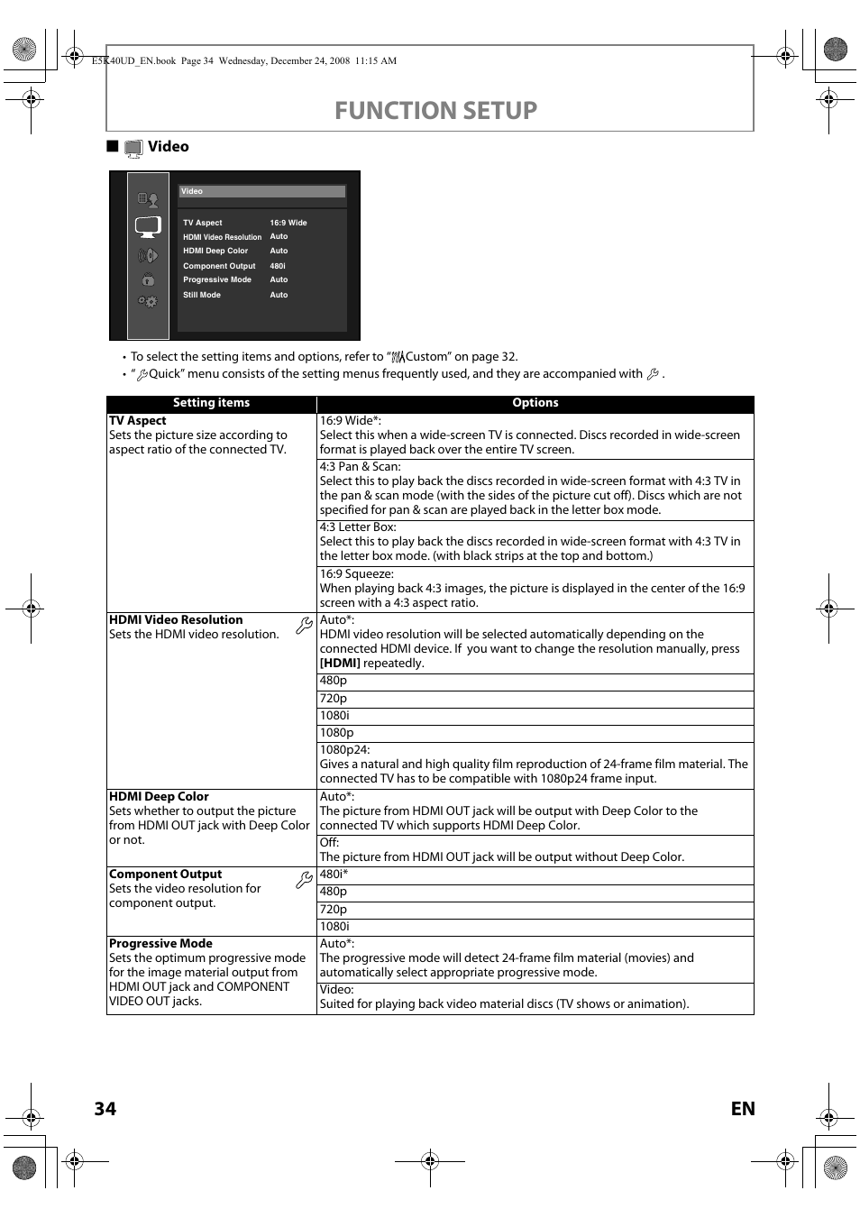 Video, Function setup, 34 en | Svideo | FUNAI Blu-ray NB530SLX User Manual | Page 36 / 150