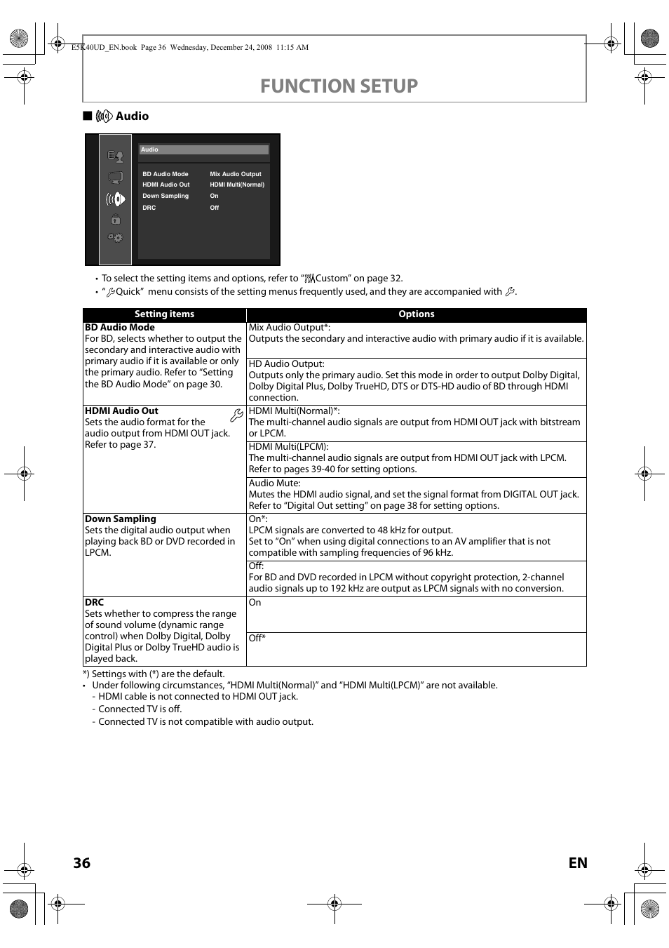 Audio, Hdmi audio out, Function setup | 36 en, Saudio | FUNAI Blu-ray NB530SLX User Manual | Page 38 / 150