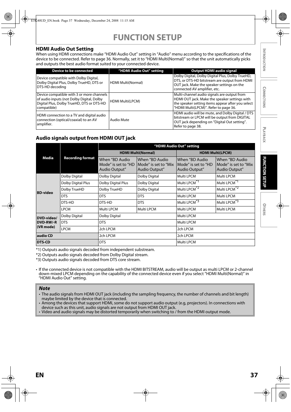 D 37, Audio signals output from hdmi out jack, Function setup | 37 en, Hdmi audio out setting, Audio signals output fr om hdmi out ja ck | FUNAI Blu-ray NB530SLX User Manual | Page 39 / 150
