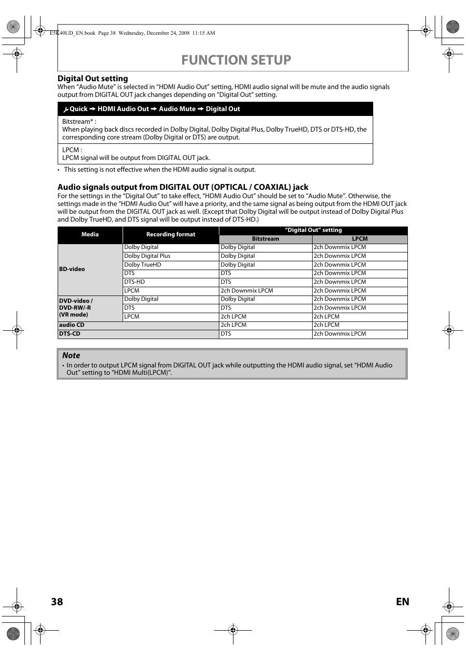 Ge 38, Function setup, 38 en | Digital out setting | FUNAI Blu-ray NB530SLX User Manual | Page 40 / 150