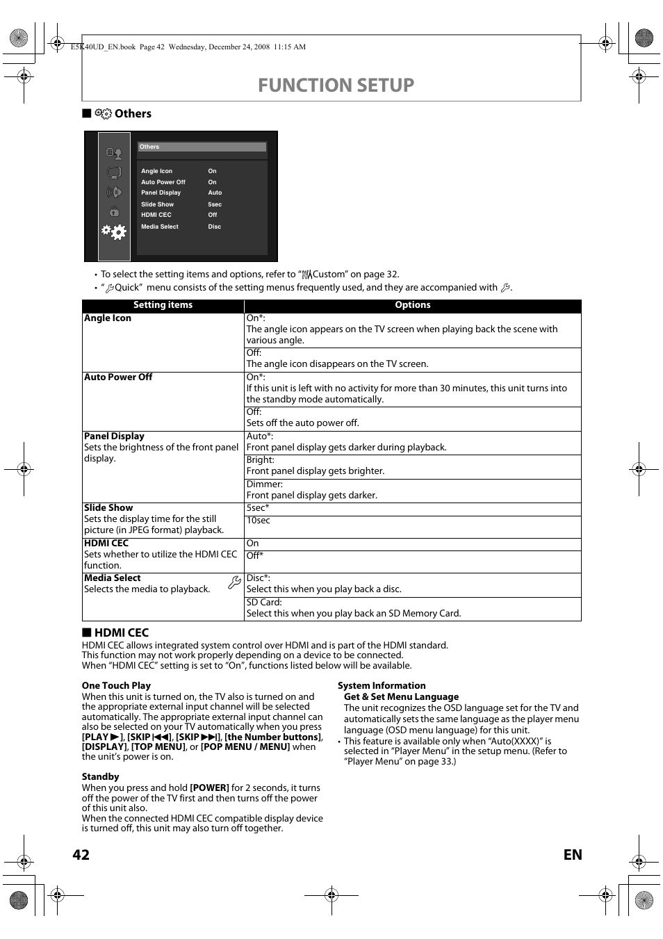Others, Function setup, 42 en | Sothers, S hdmi cec | FUNAI Blu-ray NB530SLX User Manual | Page 44 / 150