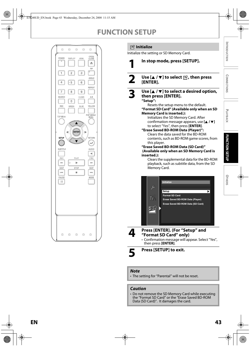Initialize, Function setup, 43 en | FUNAI Blu-ray NB530SLX User Manual | Page 45 / 150
