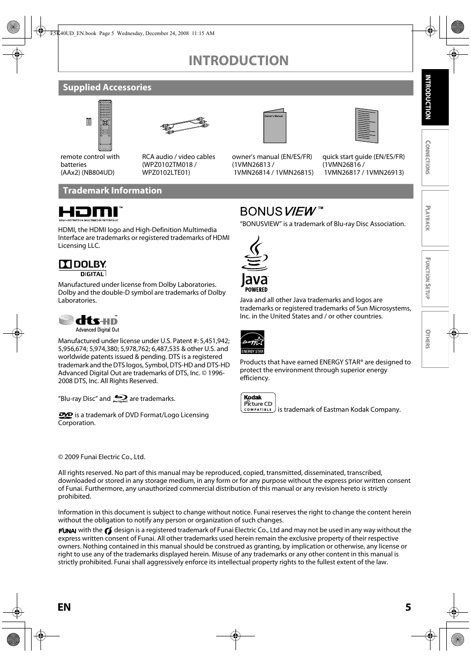 Supplied accessories trademark information, Introduction, Supplied accessories | Trademark information | FUNAI Blu-ray NB530SLX User Manual | Page 7 / 150