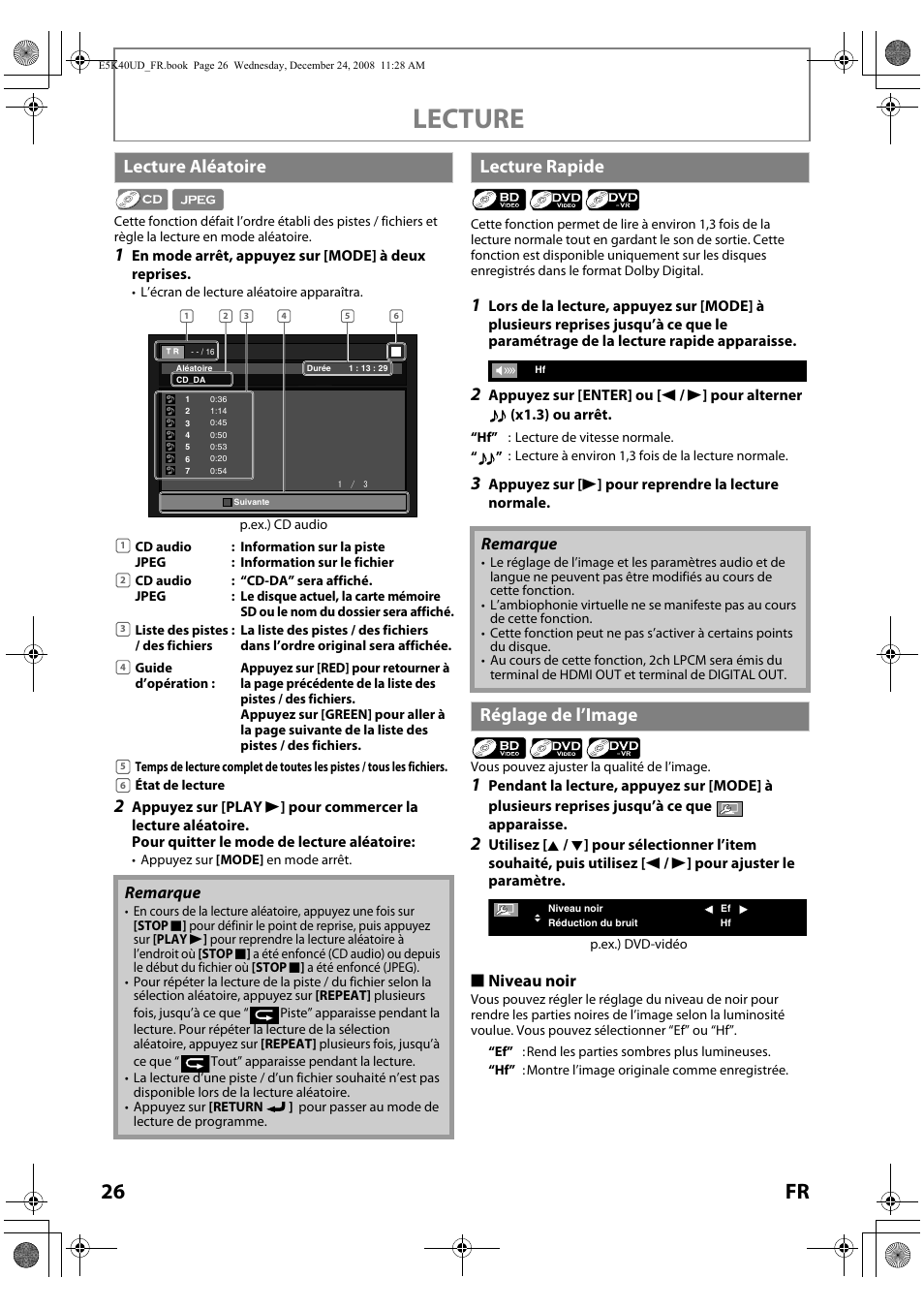 Lecture, 26 fr, Lecture aléatoire | Lecture rapide, Réglage de l’image | FUNAI Blu-ray NB530SLX User Manual | Page 78 / 150