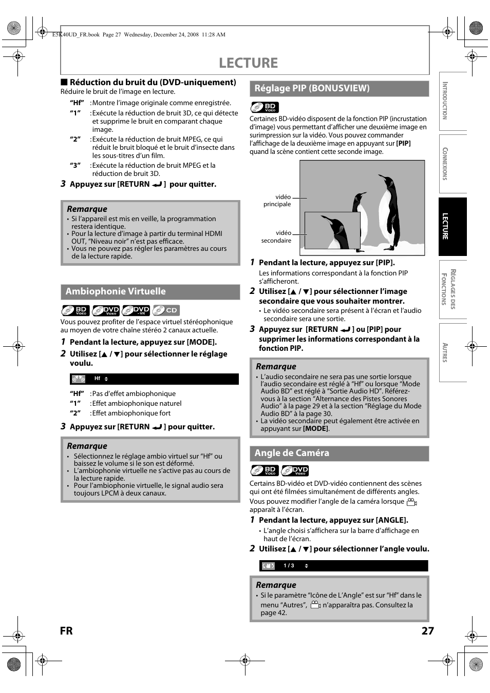 Lecture, 27 fr, Ambiophonie virtuelle | Réglage pip (bonusview), Angle de caméra | FUNAI Blu-ray NB530SLX User Manual | Page 79 / 150