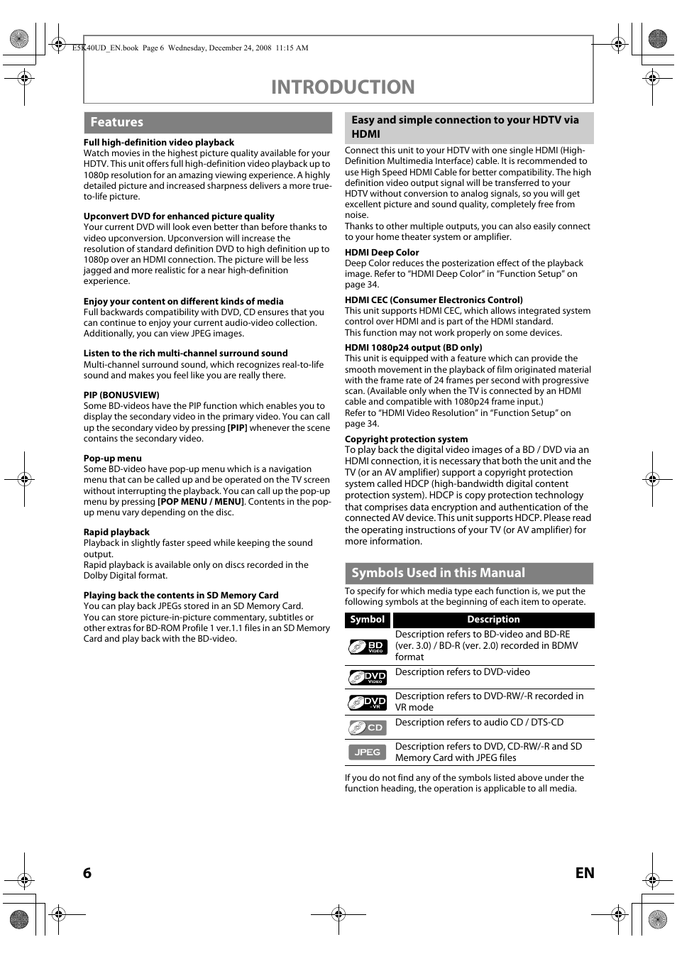 Symbols used in this manual, Introduction, Features | FUNAI Blu-ray NB530SLX User Manual | Page 8 / 150