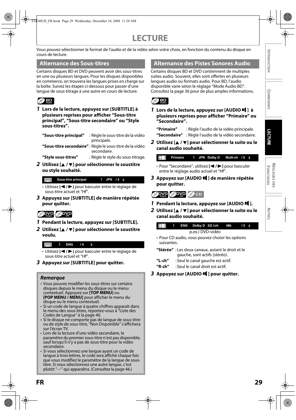 Lecture, 29 fr, Alternance des sous-titres | Alternance des pistes sonores audio | FUNAI Blu-ray NB530SLX User Manual | Page 81 / 150