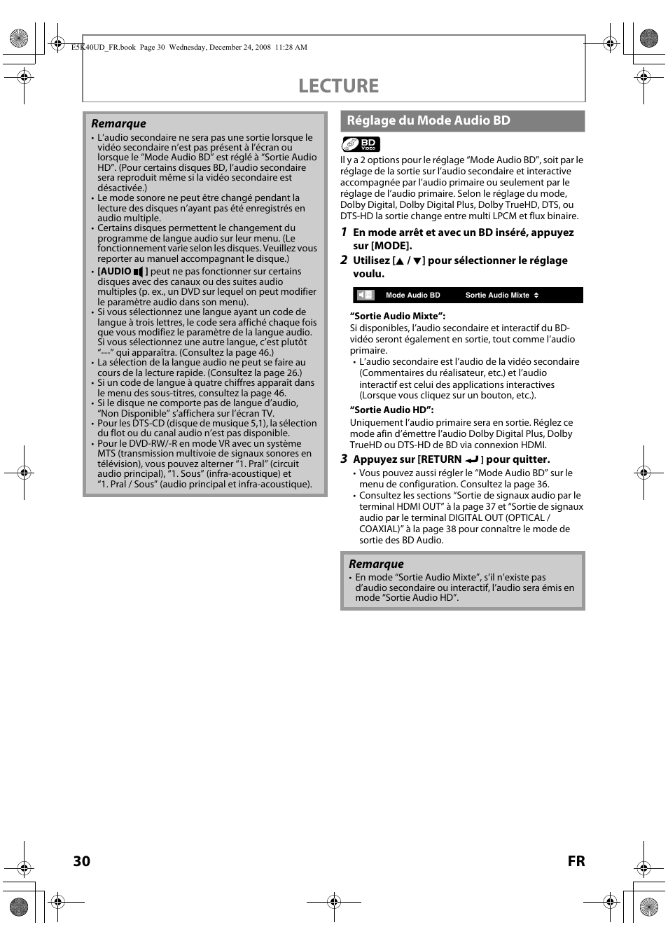 Réglage du mode audio bd, Lecture, 30 fr | FUNAI Blu-ray NB530SLX User Manual | Page 82 / 150