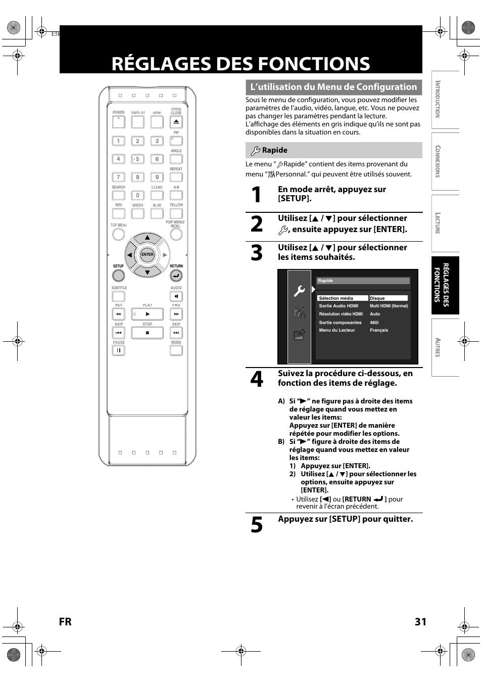 Réglages des fonctions, L’utilisation du menu de configuration, Rapide | 31 fr | FUNAI Blu-ray NB530SLX User Manual | Page 83 / 150