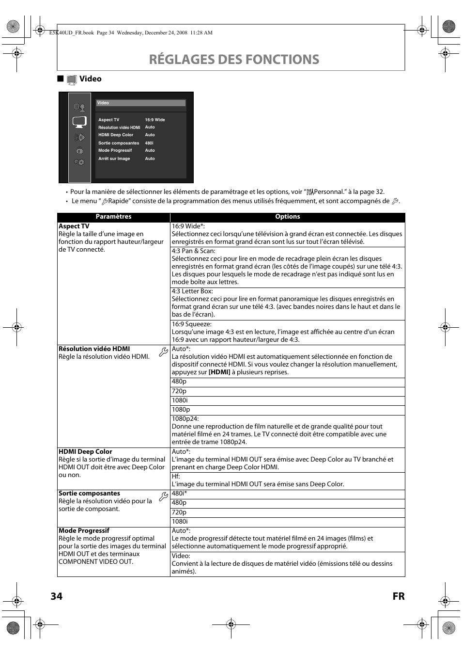 Video, Réglages des fonctions, 34 fr | Svideo | FUNAI Blu-ray NB530SLX User Manual | Page 86 / 150