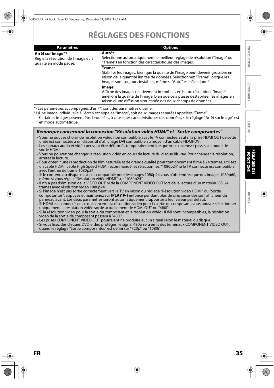 Réglages des fonctions, 35 fr | FUNAI Blu-ray NB530SLX User Manual | Page 87 / 150