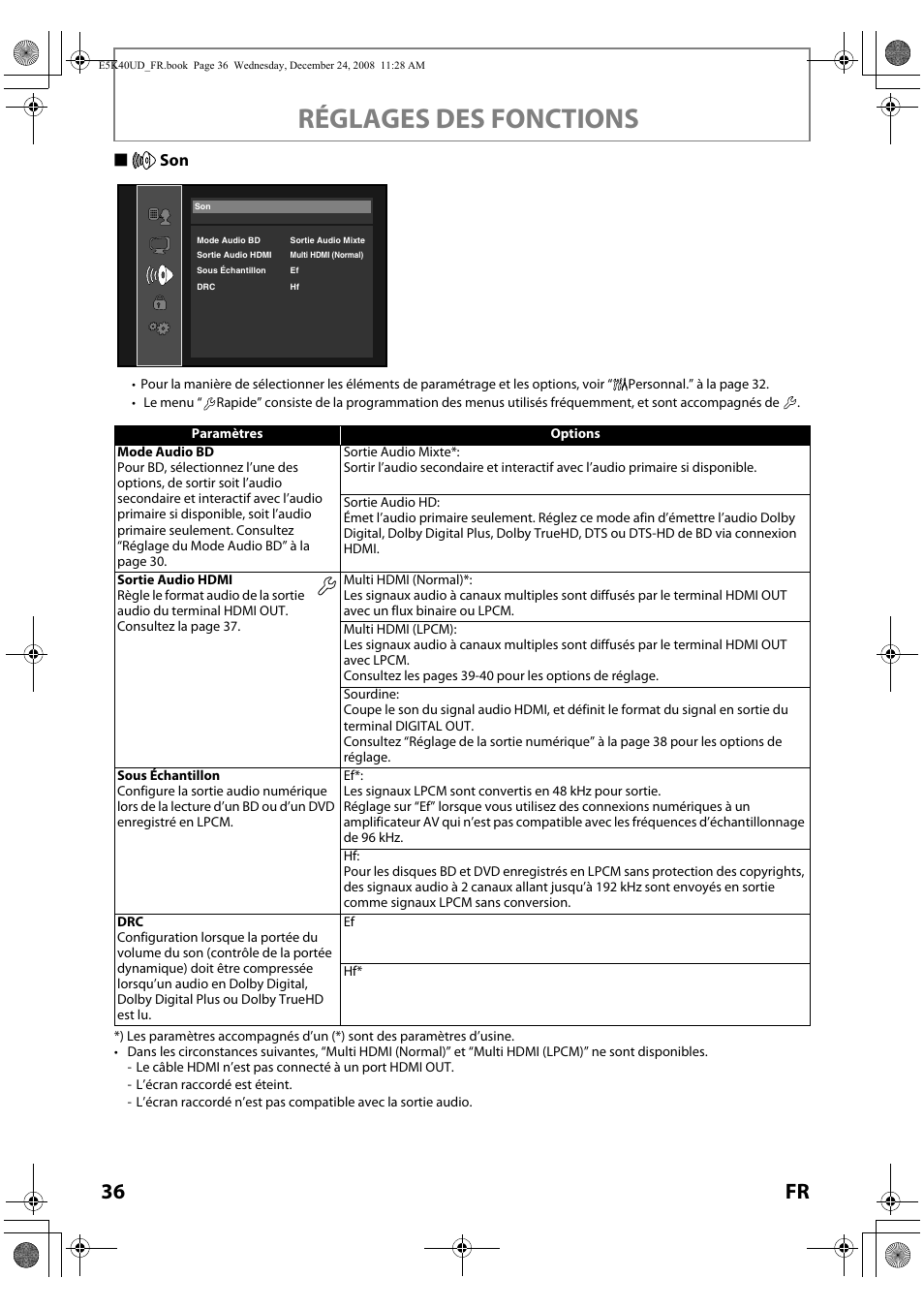 Réglages des fonctions, 36 fr, Sson | FUNAI Blu-ray NB530SLX User Manual | Page 88 / 150