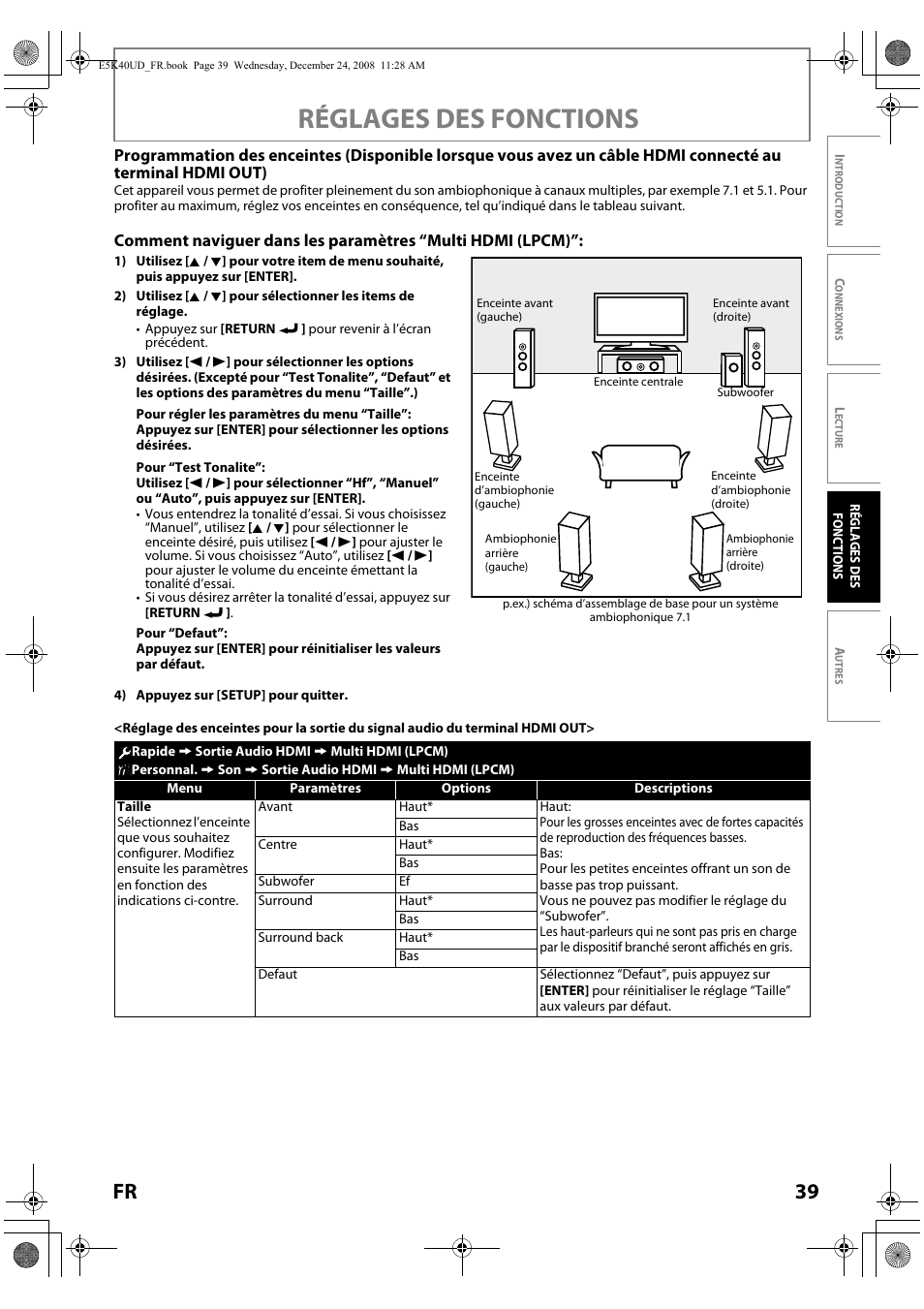 S 39-40 pour, Réglages des fonctions, 39 fr | FUNAI Blu-ray NB530SLX User Manual | Page 91 / 150