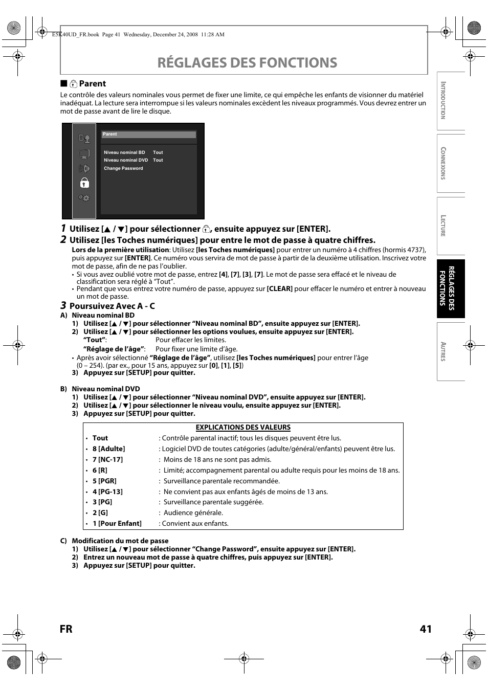 Parent, Réglages des fonctions, 41 fr | FUNAI Blu-ray NB530SLX User Manual | Page 93 / 150