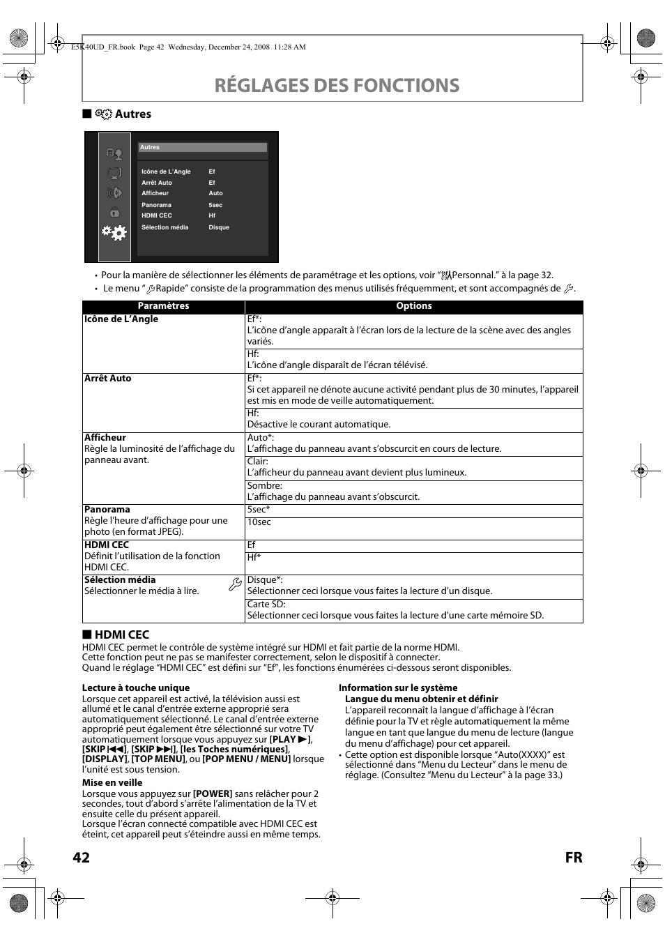 Autres, Ra pas. consultez la, Réglages des fonctions | 42 fr, Sautres, S hdmi cec | FUNAI Blu-ray NB530SLX User Manual | Page 94 / 150