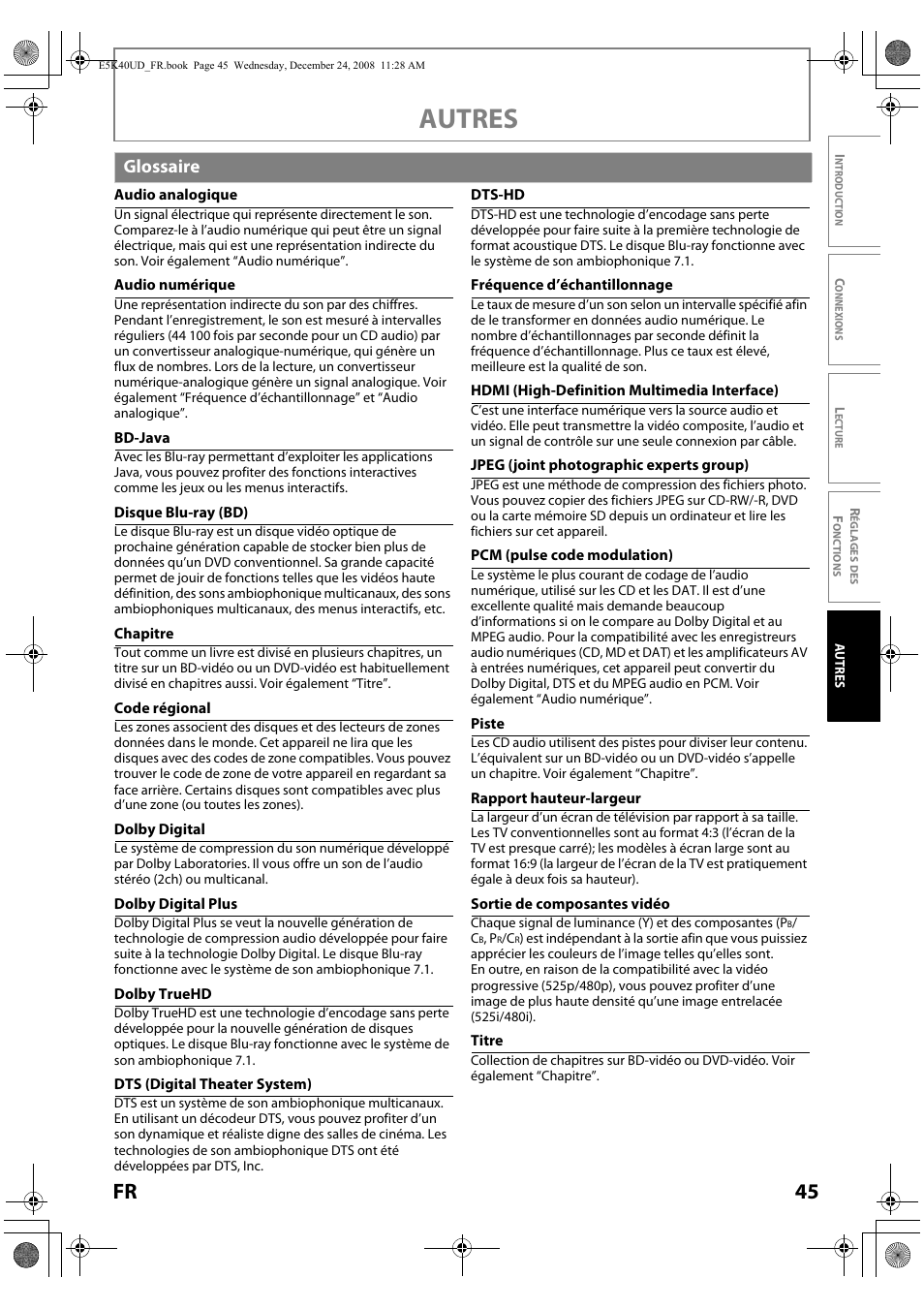 Glossaire, Autres, 45 fr | FUNAI Blu-ray NB530SLX User Manual | Page 97 / 150