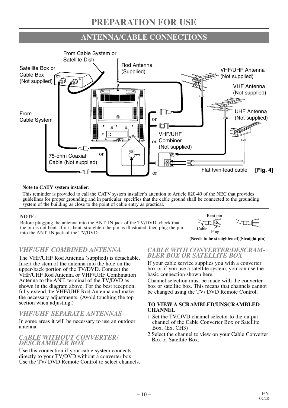 Preparation for use, Antenna/cable connections, Vhf/uhf combined antenna | Vhf/uhf separate antennas, Cable without converter/ descrambler box | FUNAI MSD513E User Manual | Page 10 / 40