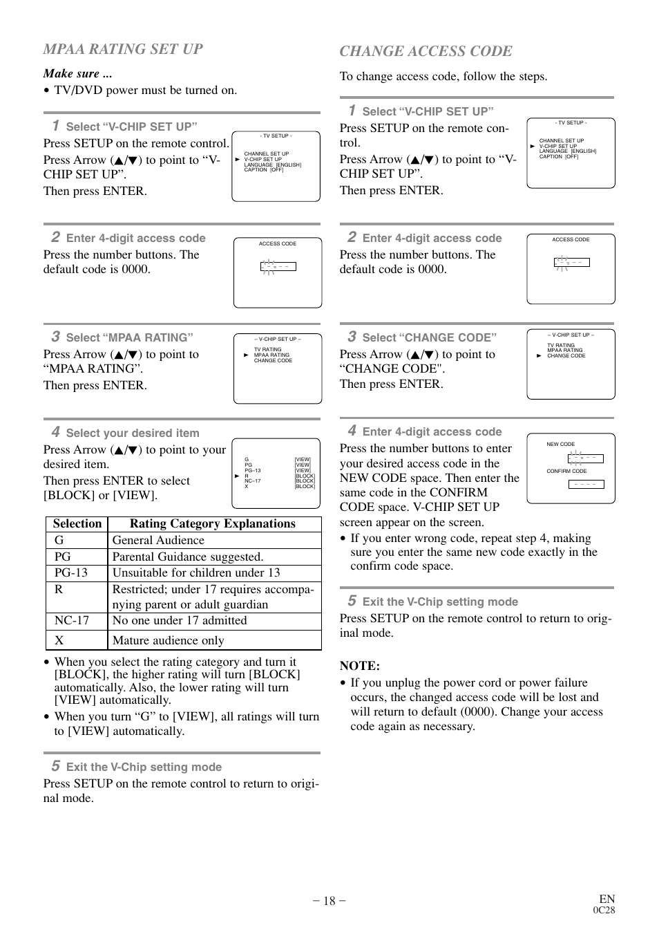 Mpaa rating set up, Change access code, Make sure | Tv/dvd power must be turned on, Press the number buttons. the default code is 0000 | FUNAI MSD513E User Manual | Page 18 / 40