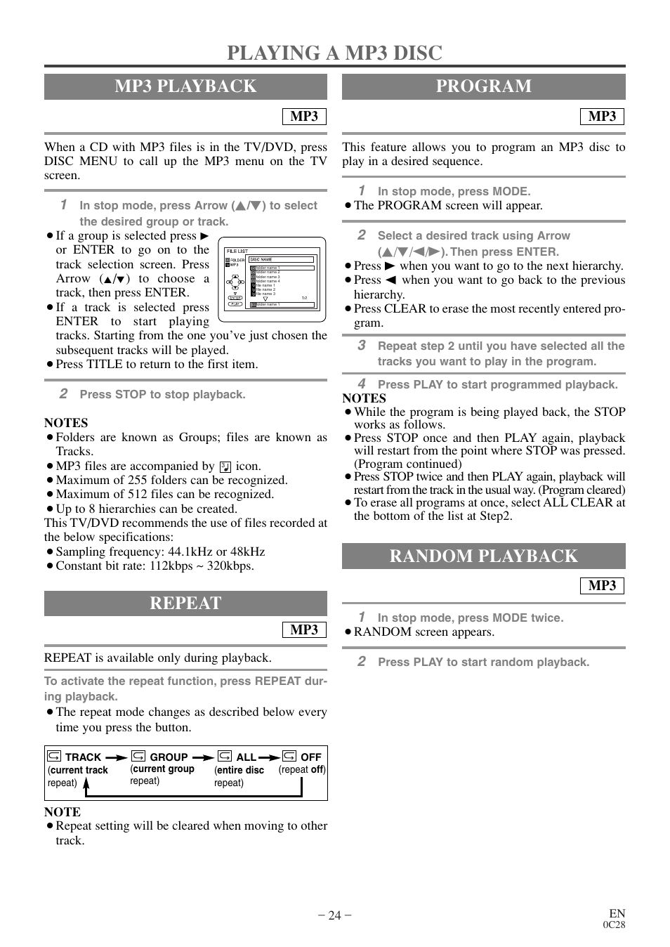 Playing a mp3 disc, Mp3 playback, Random playback | Program repeat | FUNAI MSD513E User Manual | Page 24 / 40