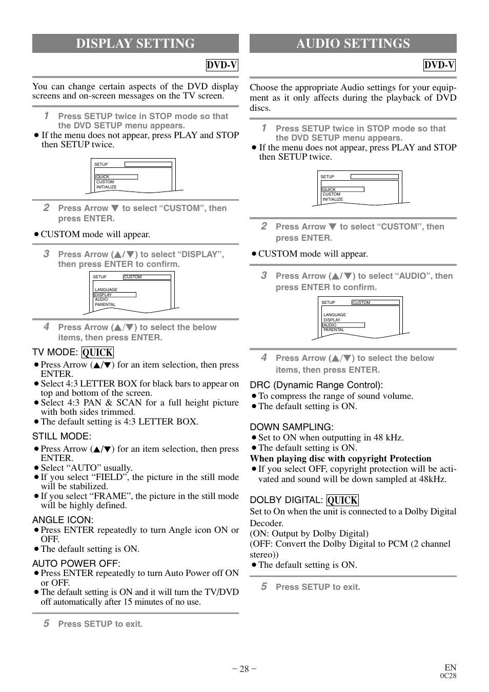 Audio settings, Display setting | FUNAI MSD513E User Manual | Page 28 / 40