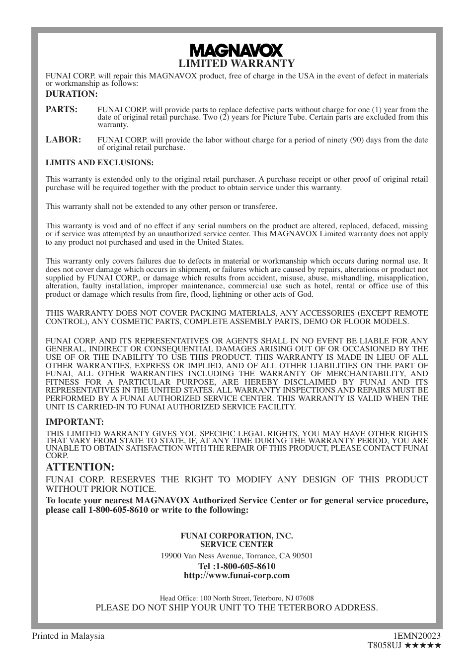 Limited warranty, Attention | FUNAI MSD513E User Manual | Page 40 / 40