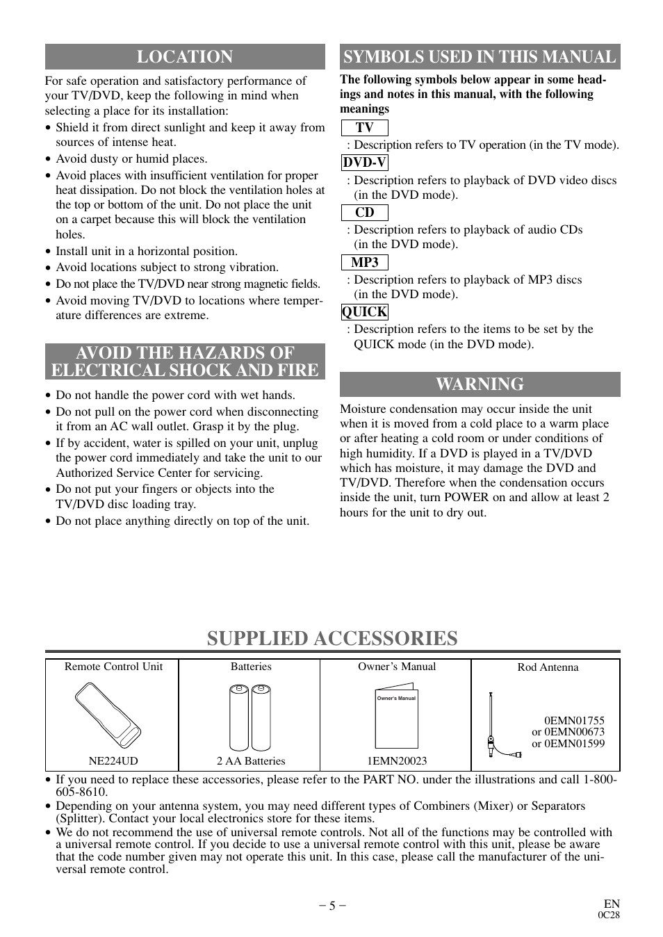 Supplied accessories, Warning, Symbols used in this manual | FUNAI MSD513E User Manual | Page 5 / 40