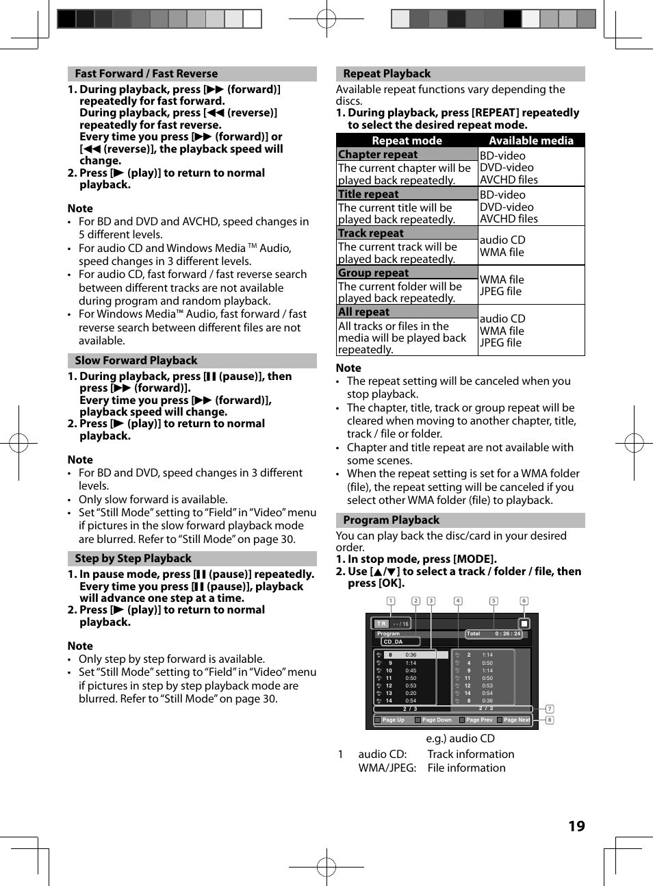 Fast forward / fast reverse, Slow forward playback, Step by step playback | Repeat playback, Program playback | FUNAI MBP5130/F7 User Manual | Page 19 / 52