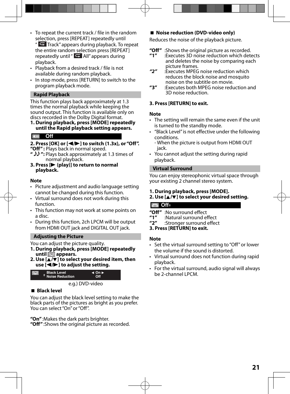 Rapid playback, Adjusting the picture, Virtual surround | FUNAI MBP5130/F7 User Manual | Page 21 / 52