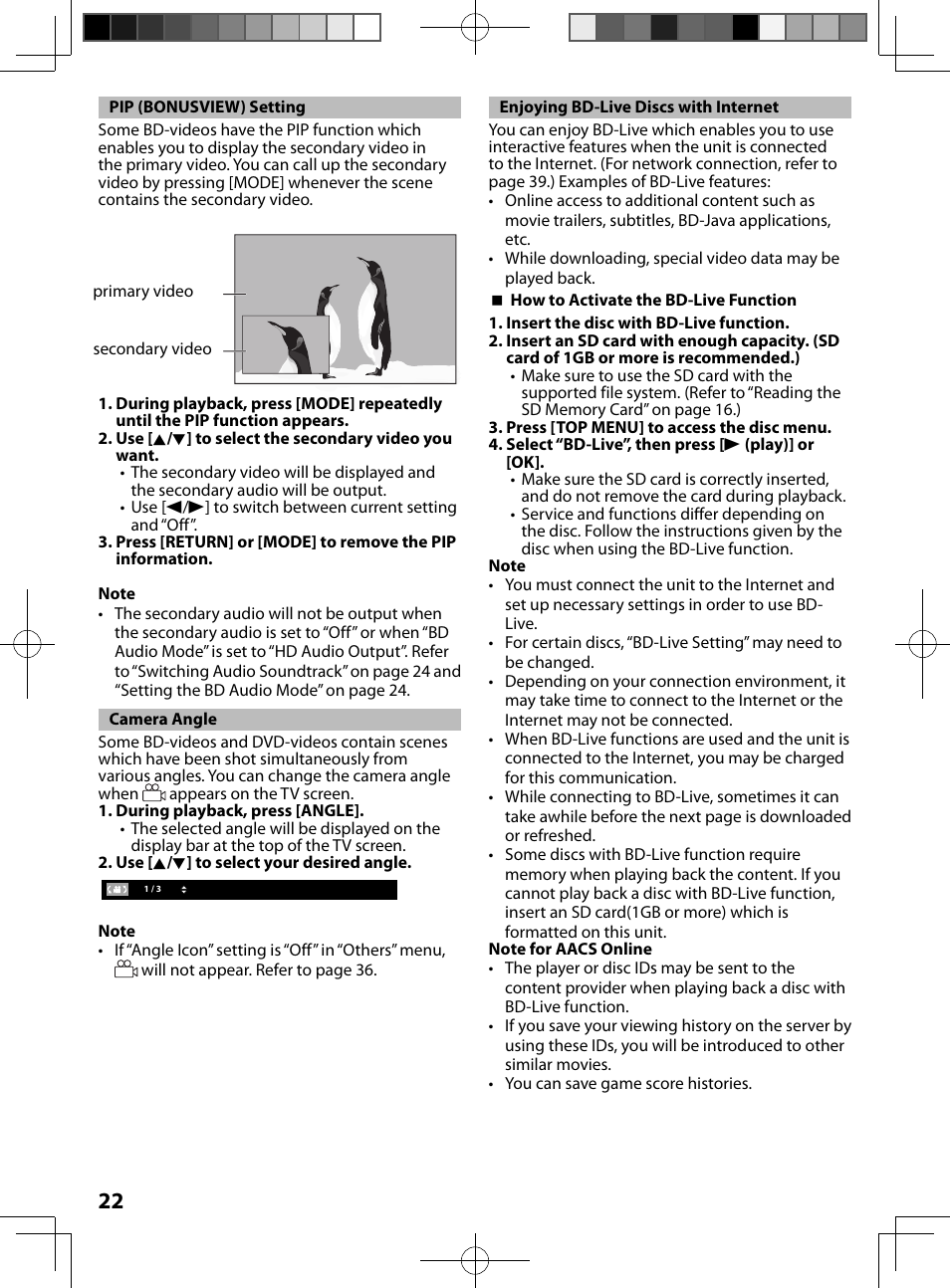 Pip (bonusview) setting, Camera angle, Enjoying bd-live discs with internet | FUNAI MBP5130/F7 User Manual | Page 22 / 52