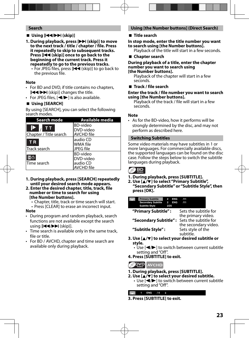 Search, Using [the number buttons] (direct search), Switching subtitles | FUNAI MBP5130/F7 User Manual | Page 23 / 52