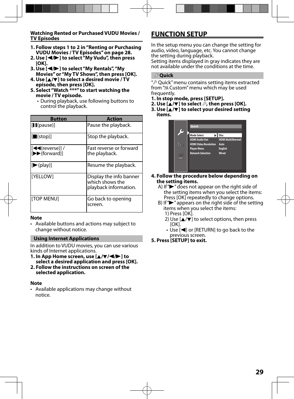 Using internet applications, Function setup, Quick | FUNAI MBP5130/F7 User Manual | Page 29 / 52