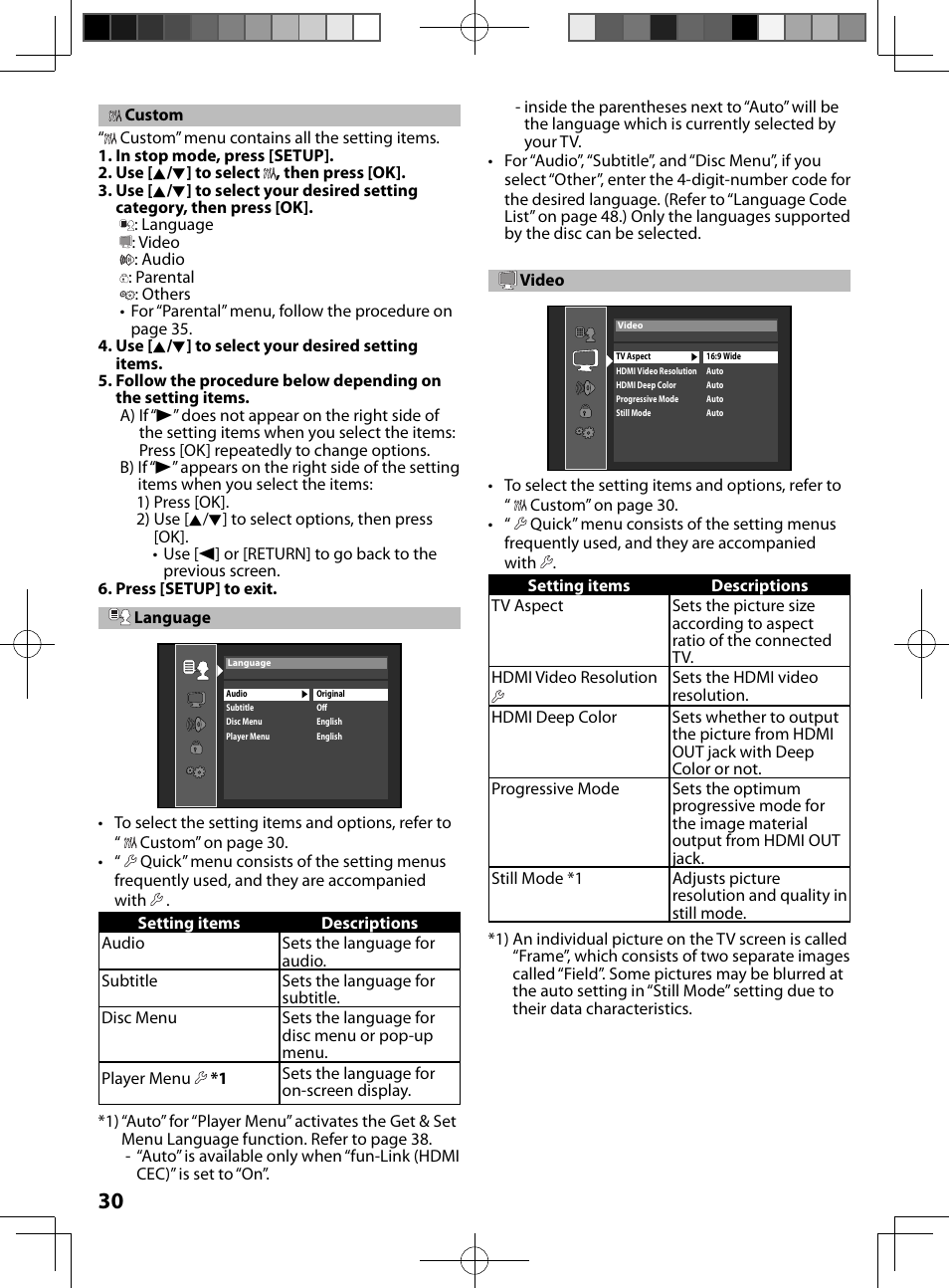 Custom, Language, Video | FUNAI MBP5130/F7 User Manual | Page 30 / 52