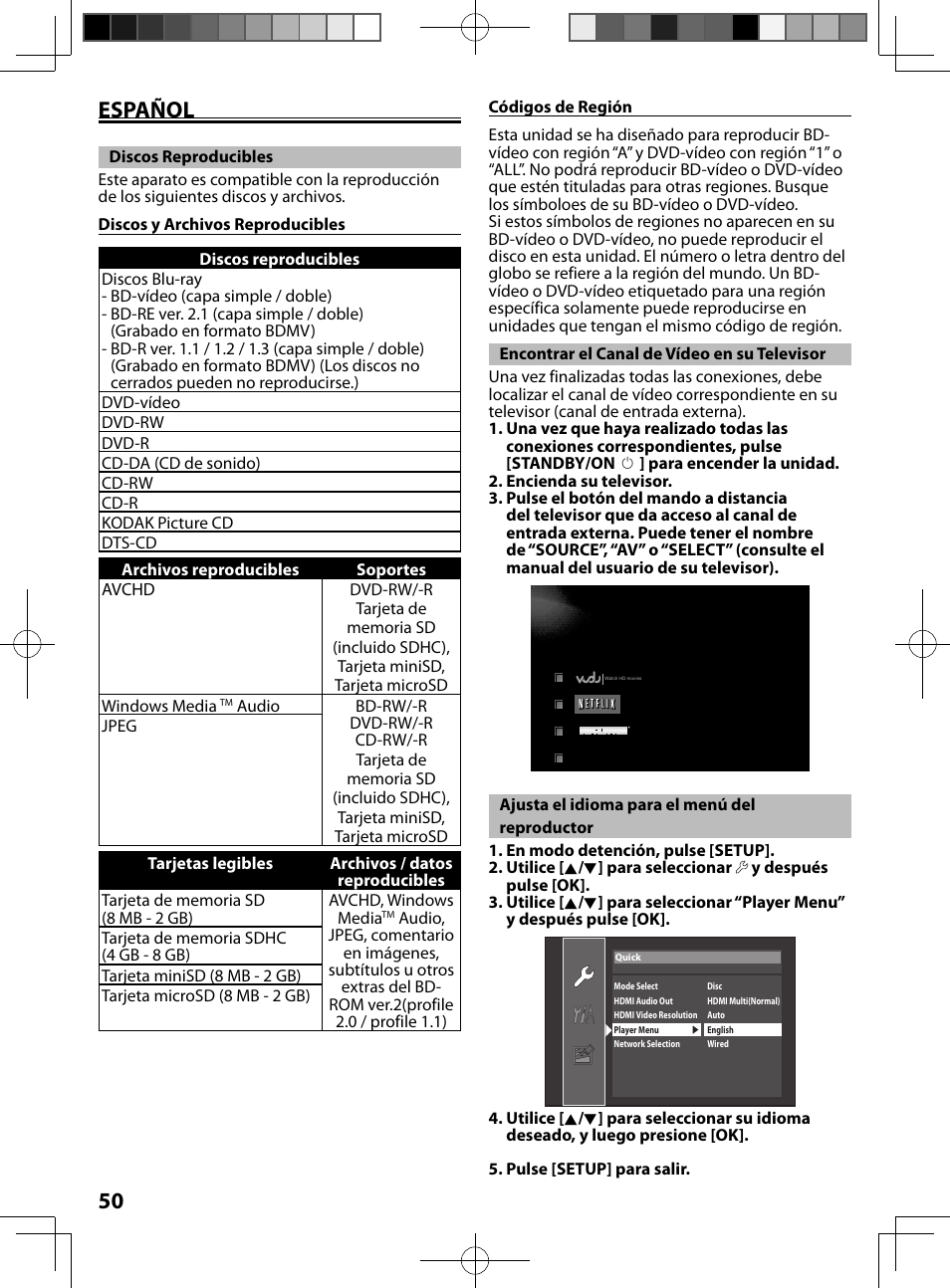 Español, Discos reproducibles, Encontrar el canal de vídeo en su televisor | Ajusta el idioma para el menú delreproductor, 50 español | FUNAI MBP5130/F7 User Manual | Page 50 / 52