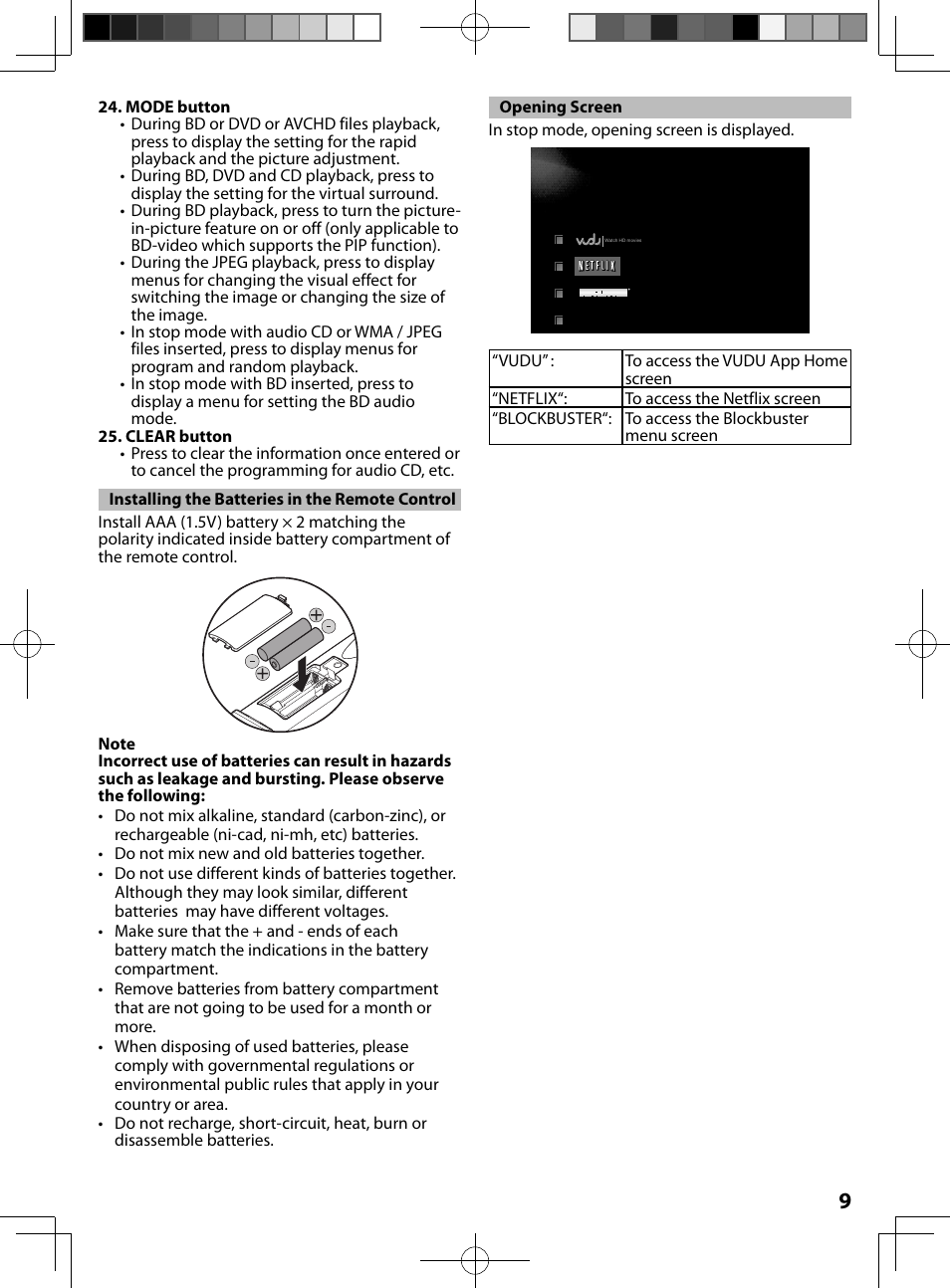 Installing the batteries in the remote control, Opening screen | FUNAI MBP5130/F7 User Manual | Page 9 / 52