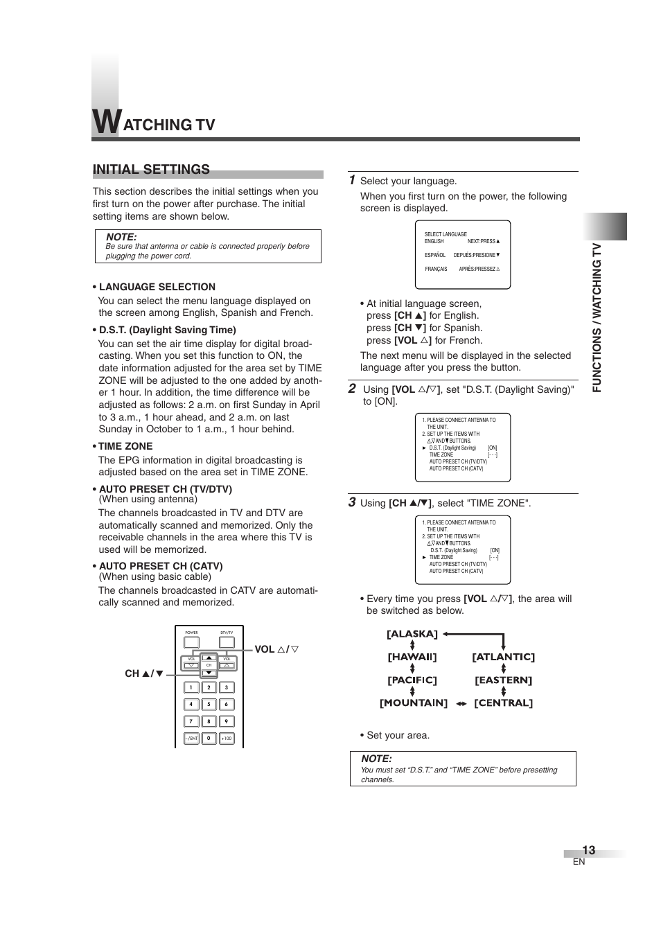 Atching tv, Initial settings, Functions / w a tching tv | FUNAI IWT3206 User Manual | Page 13 / 76