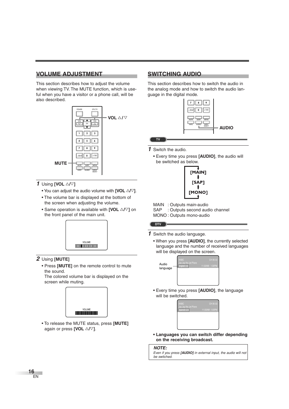 Volume adjustment, Switching audio, Mute vol x / y | Audio | FUNAI IWT3206 User Manual | Page 16 / 76