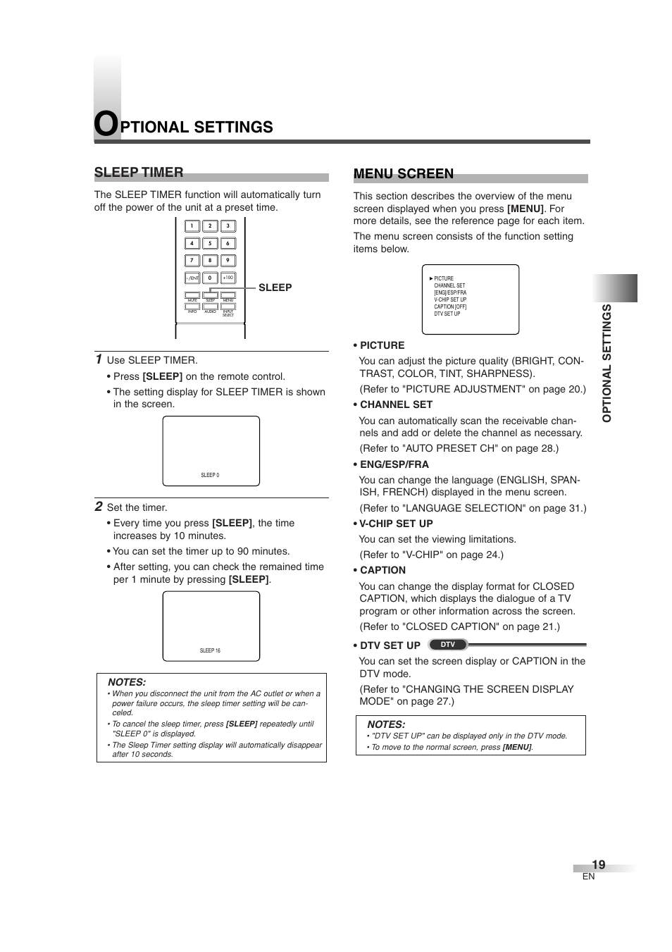 Ptional settings, Menu screen, Sleep timer | Optional settings | FUNAI IWT3206 User Manual | Page 19 / 76