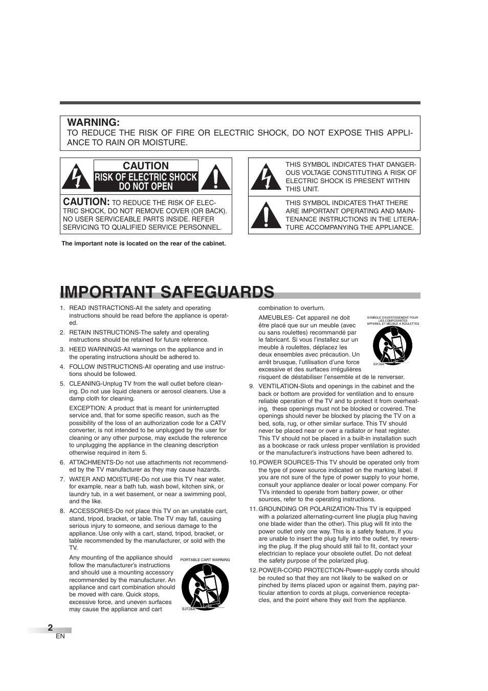 Important safeguards, Caution, Caution risk of electric shock do not open | Warning | FUNAI IWT3206 User Manual | Page 2 / 76