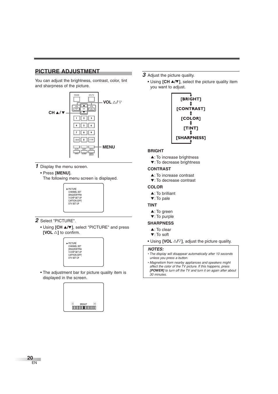 Picture adjustment | FUNAI IWT3206 User Manual | Page 20 / 76