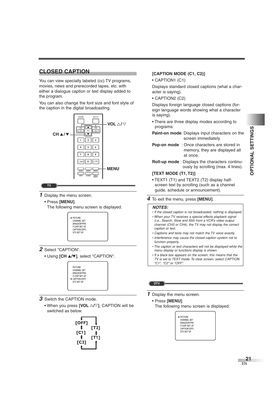 Closed caption, Optional settings | FUNAI IWT3206 User Manual | Page 21 / 76