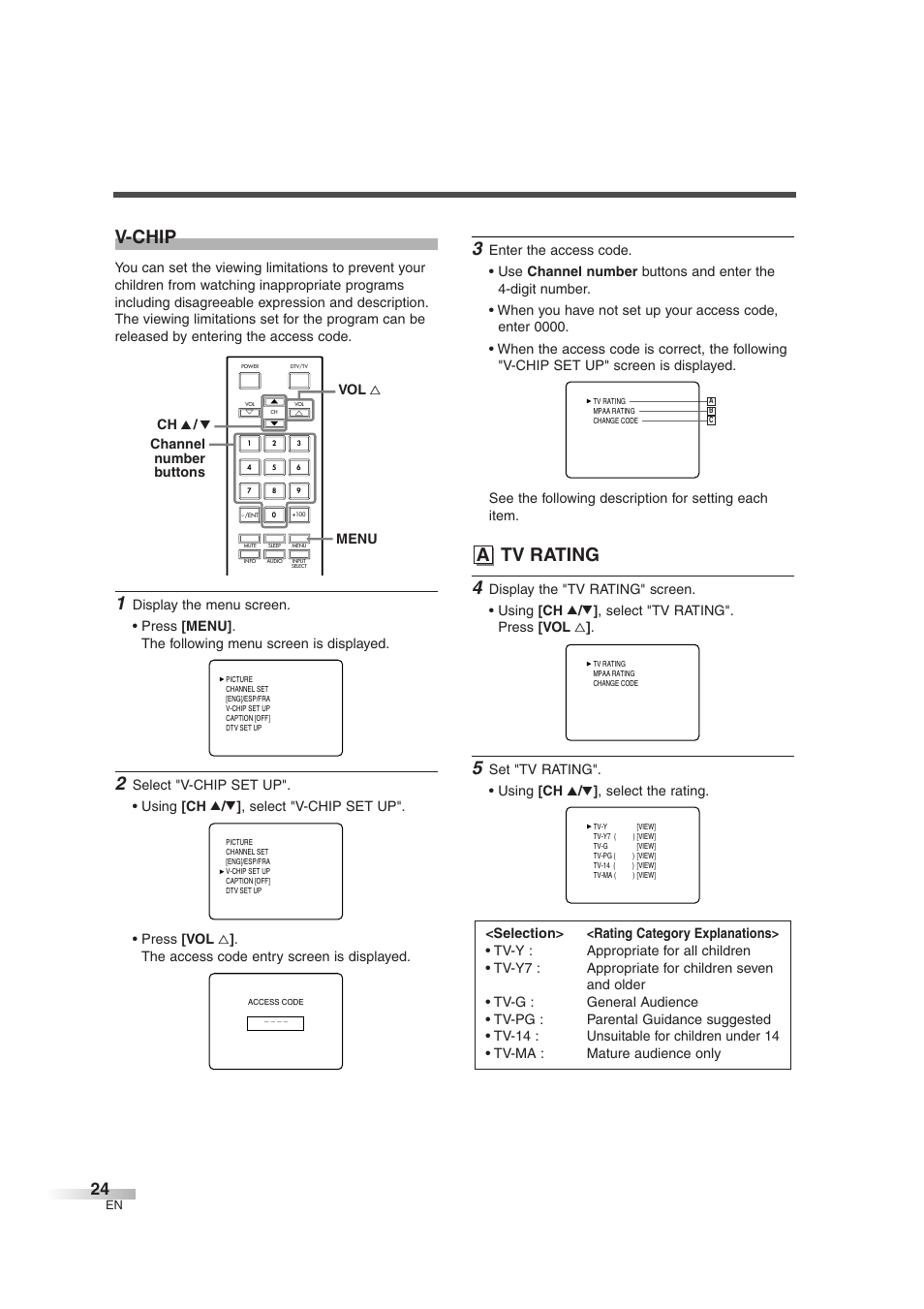 V-chip, A tv rating | FUNAI IWT3206 User Manual | Page 24 / 76