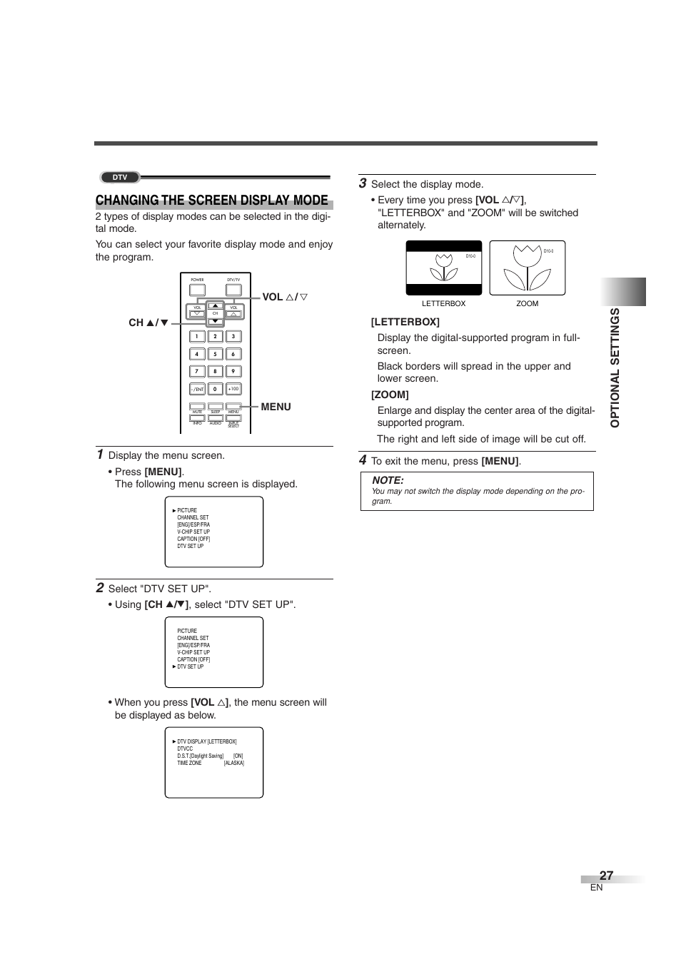 Changing the screen display mode, Optional settings, Menu ch k / l vol x / y | FUNAI IWT3206 User Manual | Page 27 / 76