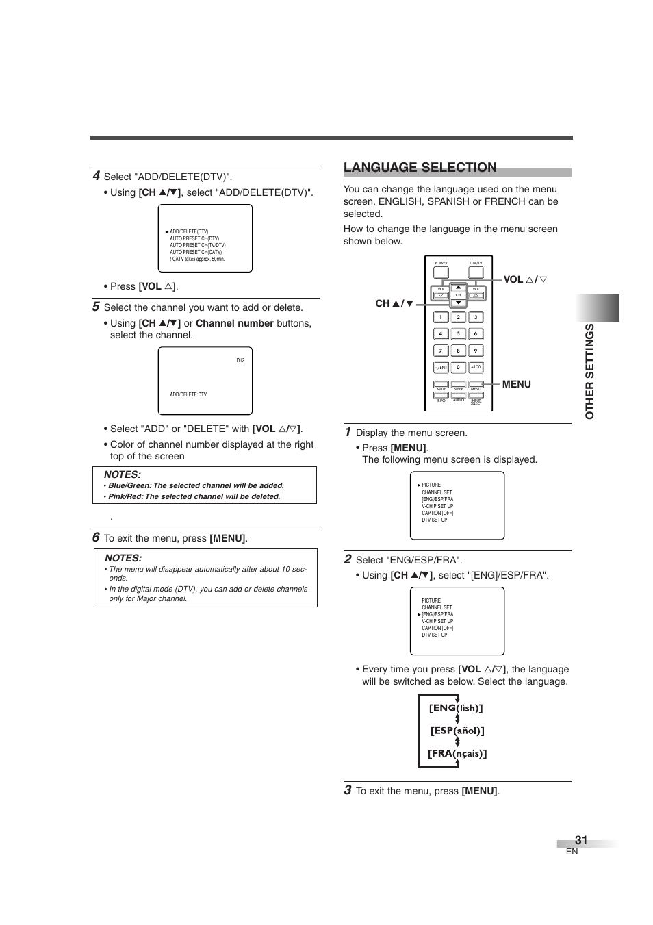 Language selection, Other settings | FUNAI IWT3206 User Manual | Page 31 / 76