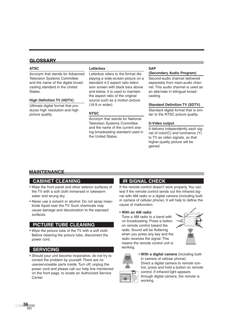 Cabinet cleaning, Picture tube cleaning, Servicing | Ir signal check, Maintenance glossary | FUNAI IWT3206 User Manual | Page 36 / 76