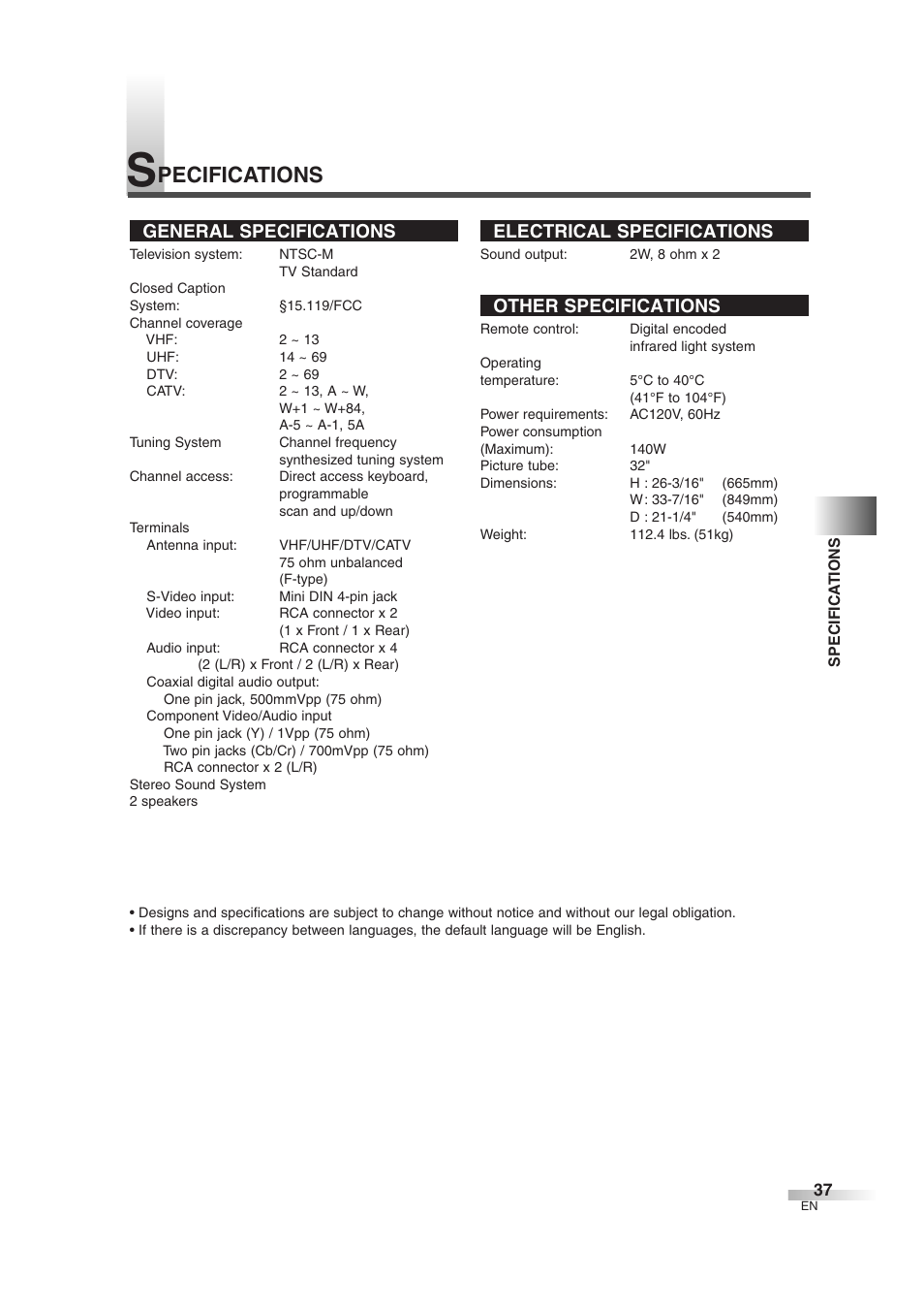 Pecifications, General specifications, Electrical specifications | Other specifications | FUNAI IWT3206 User Manual | Page 37 / 76